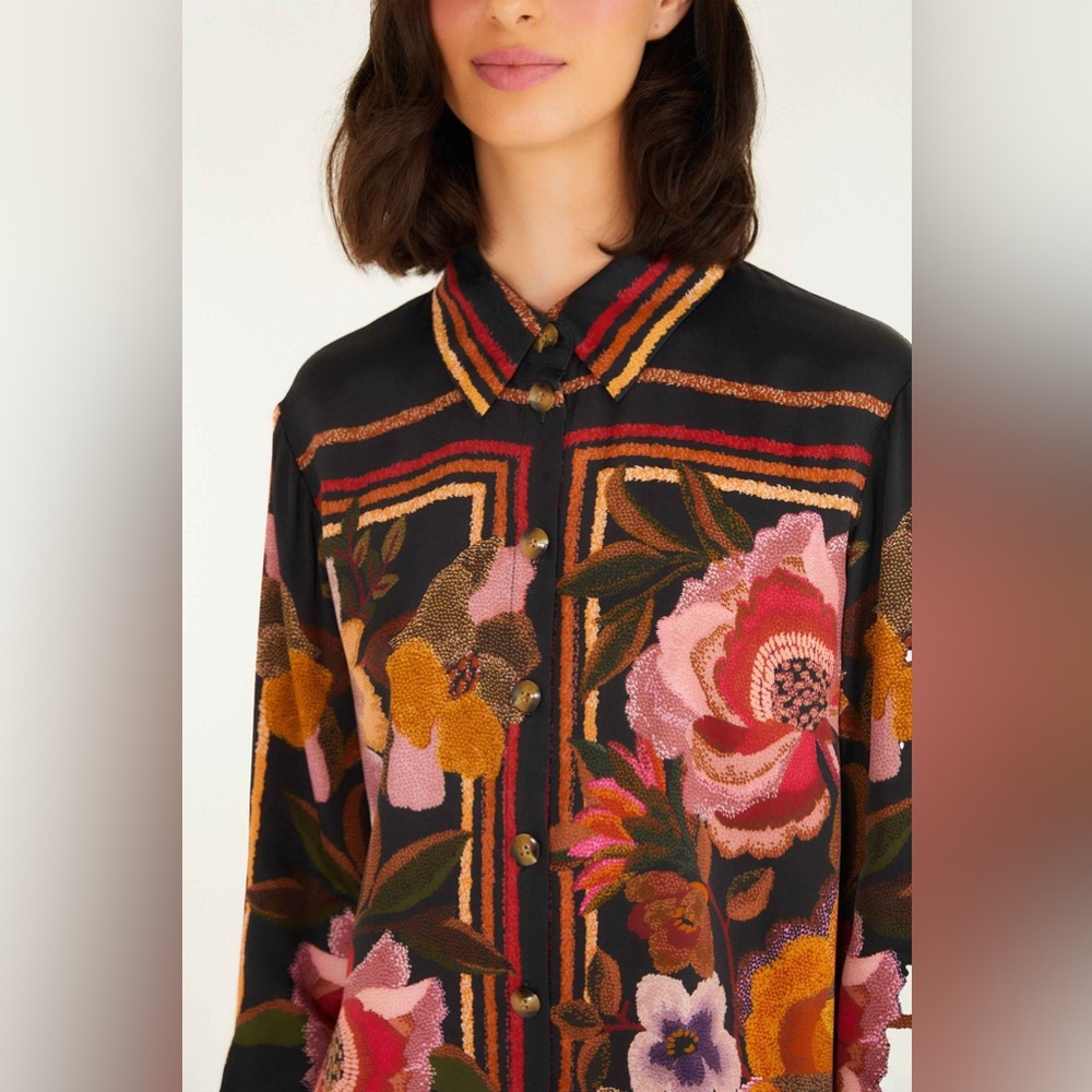 Farm Rio: Farm Rio Black Chenille Flowers Shirt - Picture 6 of 15